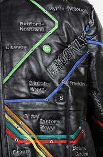 United Face Mens Embroidered New York Subway Map Leather Bomber Jacket 