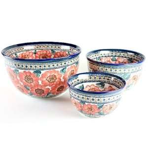  Polish Pottery Peach Floral 3 Piece Mixing Bowl Set 