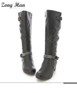   Fashion Style Zipper Low Heels Mid Calf Boots in Black and Dark Brown