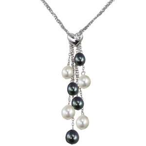   Pearl Multi Strand Silver Chain Lariat w. Heart Shaped Crystal Slider