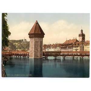 Photochrom Reprint of Chapel Bridge and view of Pilatus, Lucerne 