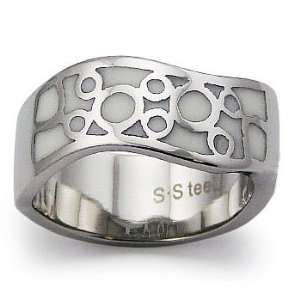  Stainless Steel Womens Ring with White Resin Inlay   Size 