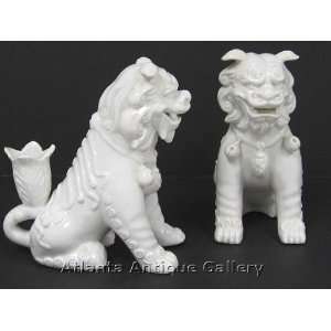  Antique White Porcelain Fu Dogs Candle Holders
