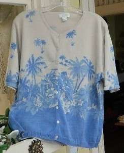 Christopher Banks Sweater L Khaki Blue Tropical Palms  