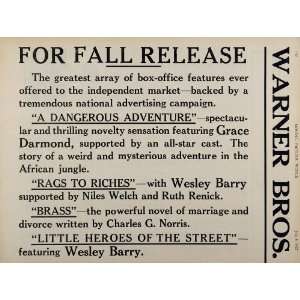  1922 Ad Warner Brothers Silent Films Main Street Brass 