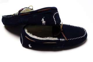   Lauren Shearling Suede Navy Sheep Leather Tie Slippers Moccasin Mens