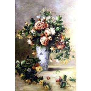  Bouquet Of Roses And Jasmine In A Delft Vase Pierre A