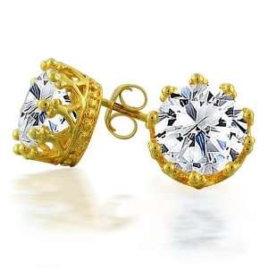 Bling Jewelry Gold Vermeil Round Cut CZ Crown Stud Earrings (2ct 8mm)