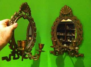 Vintage Antique Ornate Brass Wall Sconces With Mirrors Double Candle 