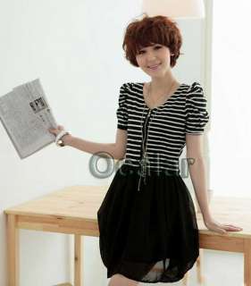 Girls Womens Casual Slim striped chiffon Short Sleeve Mini Dress 