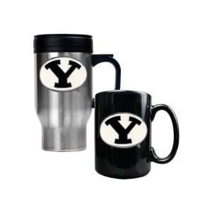  BYU Cougars Logo Travel Mug and Ceramic Mug Set: Sports 