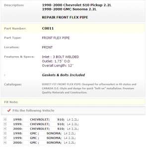 1998 1999 2000 GMC Sonoma 2.2L FRONT FLEX PIPE C0011  
