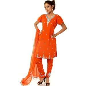  Orange Salwar Kameez Suit Beadwork and Sequins   Georgette 