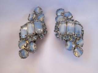 Vintage Givre Rhinestone Clip Earrings Light Sapphire  