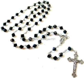 Black Rosary Beads Silver tone Crucifix Miraculous Medal Beaded Chain 