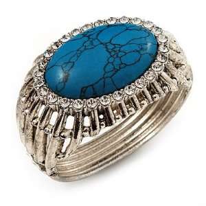   Vintage Oval Shape Turquoise Crystal Hinged Bangle Bracelet: Jewelry