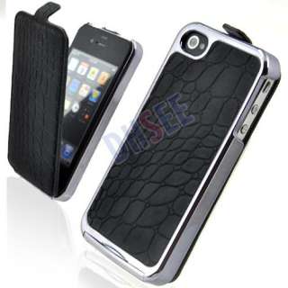 New Deluxe Black Crocodile Flip Leather Chrome Case Cover for iPhone 4 