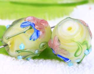 20Yellow Flower Decorated Lampwork Glass Beads HR7112 1  