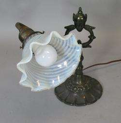 Antique Figural Bronze Piano Lamp w/ Devil Mask & Art Glass Shade c 