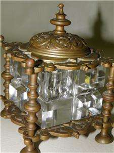 ANTIQUE ORNATE BRONZE CUT CRYSTAL INKWELL  