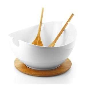 Salad Bowl on Bamboo Tray w/ Serving Utensils   White Porcelain 