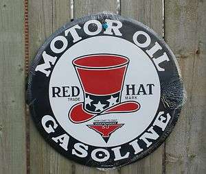 Red Hat Motor Oil Tin Round Sign Garage Man Cave Gasoline Independent 