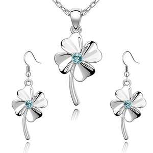   Genuine Crystal Aqua Four Leaves Clover Jewelry Set w gift box  