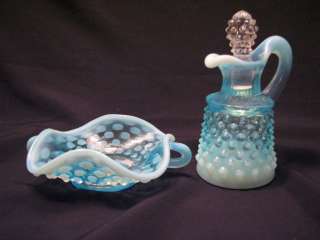 BLUE OPALESCENT HOBNAIL PITCHER/BASKET DISH ART GLASS  