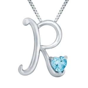   Sterling Silver Sky Blue Topaz Letter R Pendant,18 Jewelry