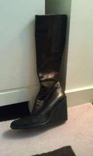 PRADA Wedge Black Leather Knee High Boots Size 40.5  
