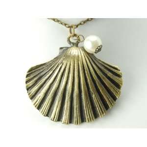 Seashell Brass Tone Vintage Inspired Pearl Chain Linked Open Pendant 