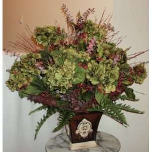  Green & Maroon Silk Hydrangea Floral Arrangement