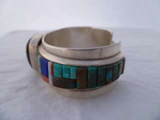 Zuni Sterling Silver Multi Stone Raised Inlay Bracelet  