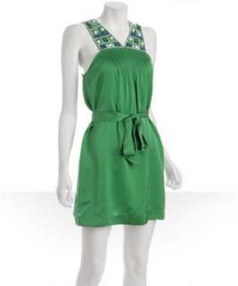 BCBGMAXAZRIA kelly green silk beaded tie waist dress  BLUEFLY up to 