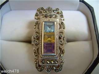 Antique 1930s 925 Sterling Silver & 3 Stone Marcasite Diamond Ladies 