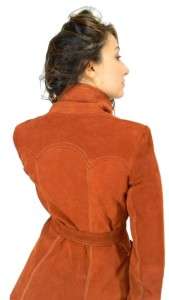 VINTAGE Belted Rusty Brown SUEDE LEATHER Mini Trench 60s BOHO spy Coat 