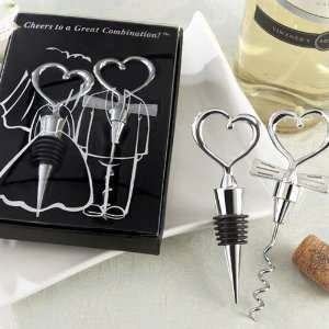  Bride and Groom Chrome Heart Wine Stopper and Corckscrew 