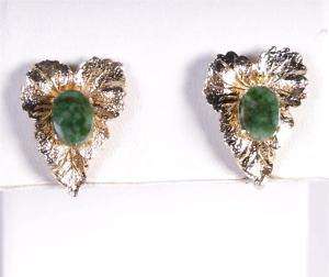 Vintage Jade & 10k Gold Heart Shaped Leaf Earrings  