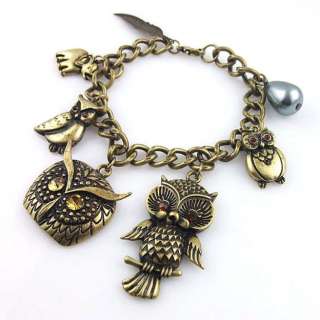 Elephant Leaf 4 Owls Bronze Metal Charm Bracelet 7.3 L  