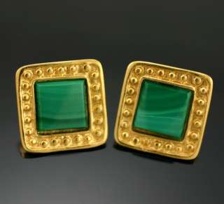 Vintage Leslie Block Etruscan Malachite Square Earrings  