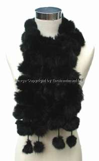 New Stylish 100% Rabbit Fur Pom Pom BOA Scarf, Black  