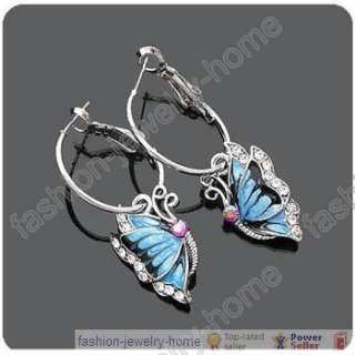   Butterfly Crystal Silver Plated Hoop Huggie Dangle Earrings  