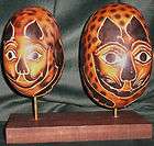 folk art pair painted carved black spotted cat gourds figurine