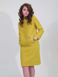 Vtg 50s 60s REMBRANDT yellow check mohair wool plaid coat dress MOD 