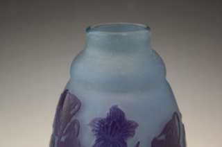 C1920 FRENCH CAMEO ART GLASS BLUE VASE W/ BELL FLOWERS SIGNED D 