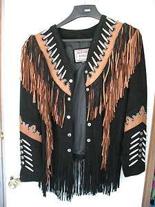 Womens leather and suede western fringe jacket with bead work size 