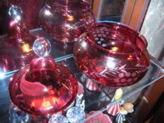 LARGE VINTAGE CRANBERRY RED GLASS COVERED CANDY DISH  