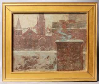   AMERICAN CITY VIEW ASHCAN WINTER NEW YORK ROOF OIL PAINTING  