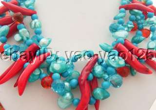 , faceted blue and red briolette crystal, blue shell pearl, red coral 