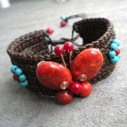   Coral and Turquoise Butterfly Cuff Bracelet (Thailand)  